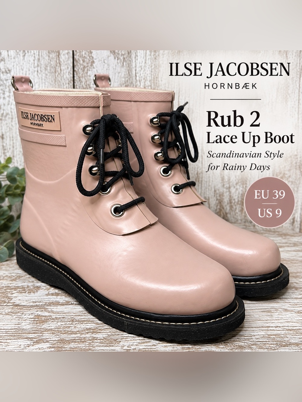 Ilse Jacobsen RUB 2 Lace Up Rain Boots Women’s 39 (US 9) Pink Waterproof